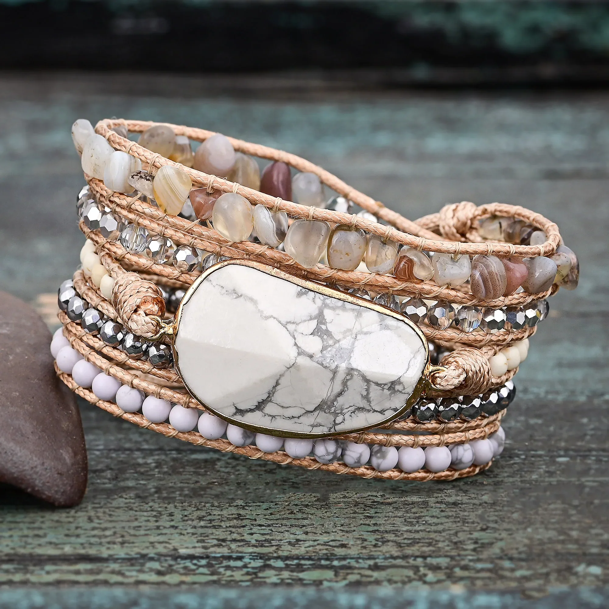 White Howlite & Botswana Agate Bead Wrap Bracelet - Image 6