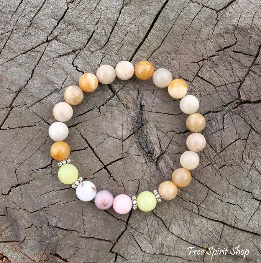 Yellow Olive Jade Sunstone & Pink Opal Bead Bracelet