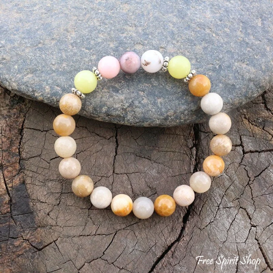 Yellow Olive Jade Sunstone & Pink Opal Bead Bracelet - Image 2