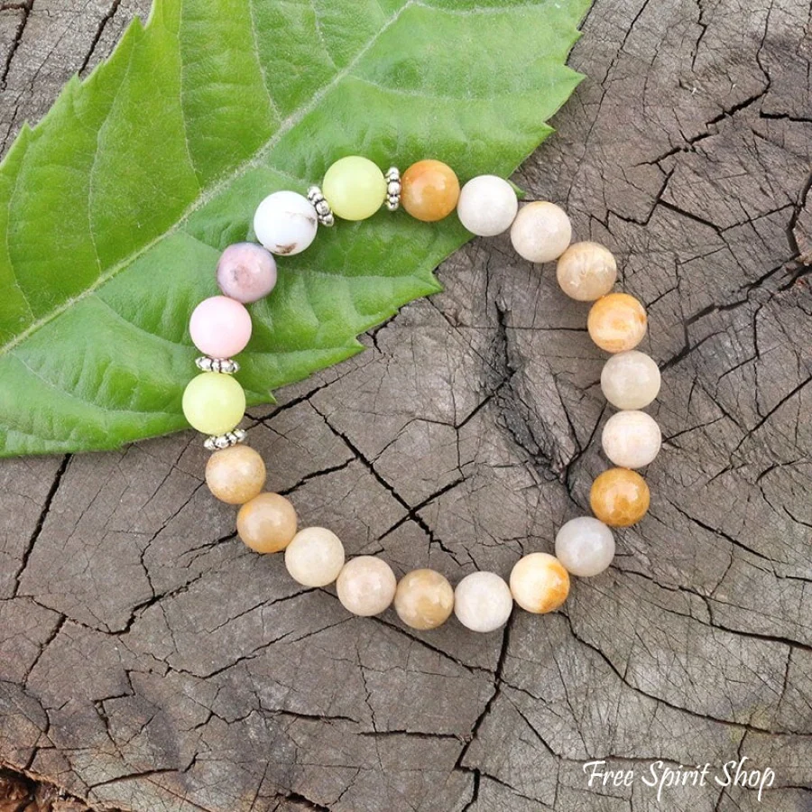 Yellow Olive Jade Sunstone & Pink Opal Bead Bracelet - Image 3